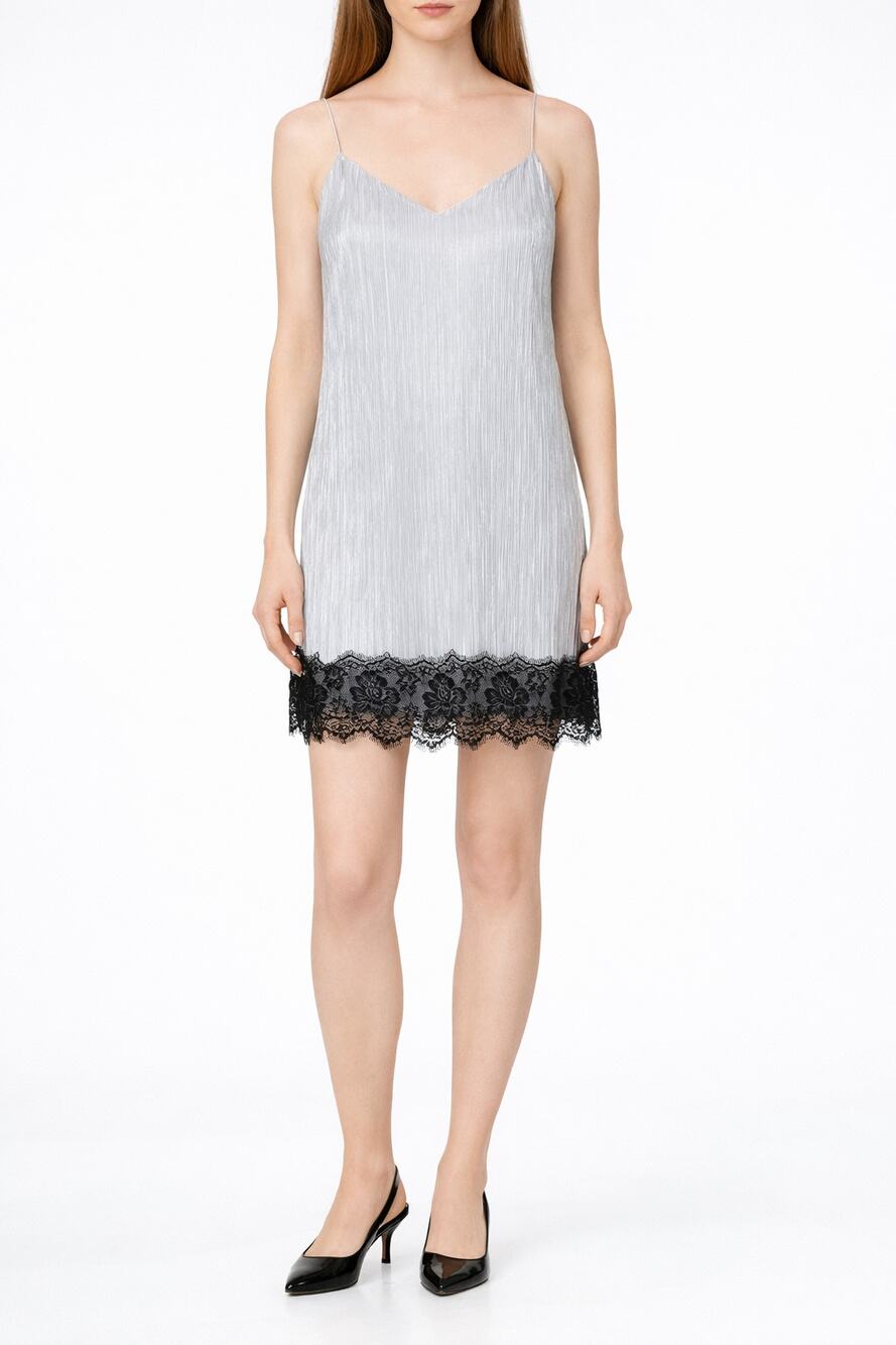 Crinkle Light Grey Slip Dress Black Lace Small